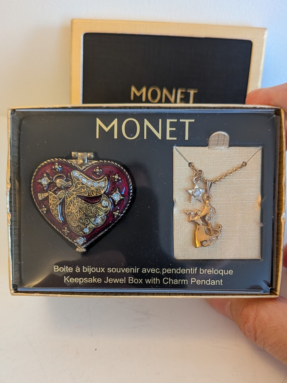 Monet ANGEL HEART Collectible Keepsake Trinket Box with Angel Charm Pendant NIB